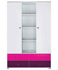 Size (H)188, (W)123, (D)51cm.White foil finish with pink and purple fascias.1 double hanging rail, 1