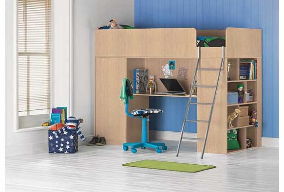Save on space in your childs bedroom with this Bailey Beech High Sleeper Bed Frame with Elliott Mattress. This high sleeper bed offers a cupboard. shelf space. desk space and a bed with a mattress included. The Elliott mattress that comes with this b