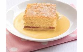 A pastry base topped with raspberry, plum and apple jam layered in delicious sponge and served with custard.