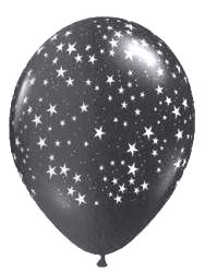 Balloon - White on Black stars print - 12 inch latex - Black