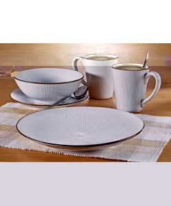 4 place settingsComprises 4 each of diner plates, side plates, bowls and mugs.Dinner plate diameter