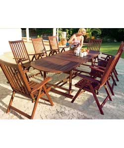 Hardwood extending table size (L)180-240cm. Multi-positional chairs. Includes cushions. Home