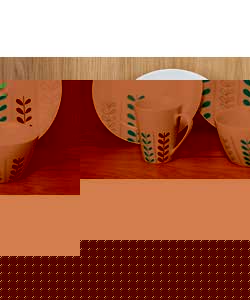 4 place settings. Set contains 4 dinner plates, 4 side plates, 4 bowls and 4 mugs. Dinner plate diam