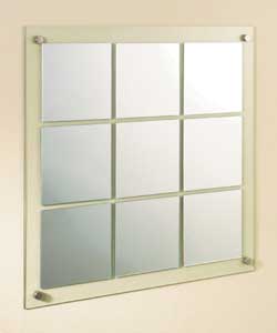 9 mirror panels set on a large clear glass backgro