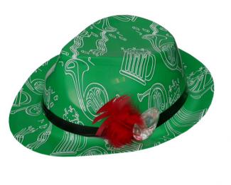 Green bavarian plastic hat with orange feather.