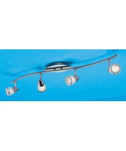 Chrome finish with frosted glass shades.Drop 17.5cm.Length 83.5cm.Requires 4 x 50 watt GU10 halogen 