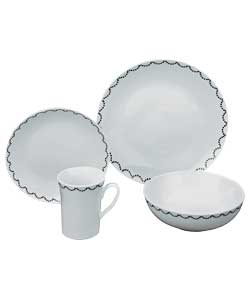 4 place settings.Set includes 4 dinner plates, 4 side plates, 4 bowls and 4 mugs.Dinner plate diamet
