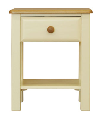 1 DRAWER BEDDSIDE CABINET IN A DEVON CREAM PAINTED FINISH WITH SOLID OAK TOPS AND KNOBS. DOVETAILED