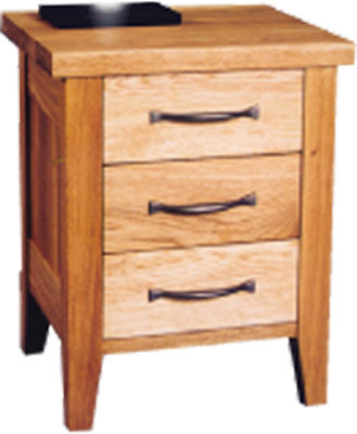 This stylish 3 drawer bedside is from our Wealden oak range. It has tapered legs and all handles