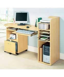 Beech effect workcentre with 6 fixed shelves, 3 pull-out filing trays and 1 pull-out keyboard shelf