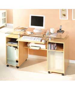 Beech Effect Workstation Desk with Glass Top