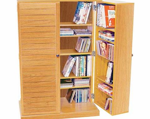 Louvre style free standing beech effect finish multimedia cabinet with a beech finish and adjustable shelves. Doors open up and contain even more storage space. Can hold up to 600 CDs or 290 DVDs / Blu-rays / computer games or a combination of CDs. D