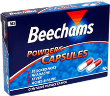 Opaque red and white capsule containing: Paracetam