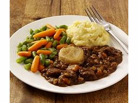Tender beef cooked with pearl barley and winter root vegetables in a rich casserole, topped with a tasty dumpling. Served with buttery parsnip and potato mash, green beans and carrots.
