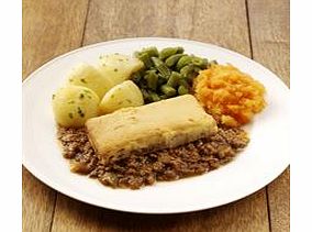 Rich savoury minced beef topped with a buttery scone. Served with parsley boiled potatoes, mashed carrot and swede and green beans.