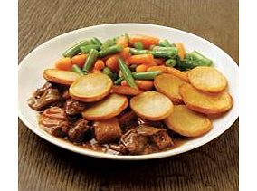 A hotpot made with chunks of beef in a delicious sauce topped with golden sautand#233; potatoes. Served with carrots and green beans.