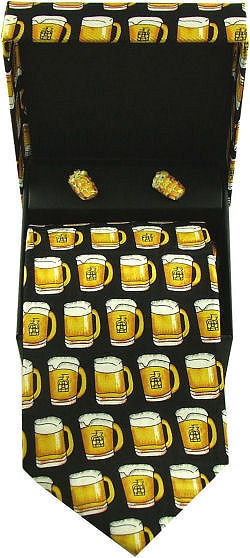 A fun giftset with a black silk tie with beer mugs and matching  cufflinks.