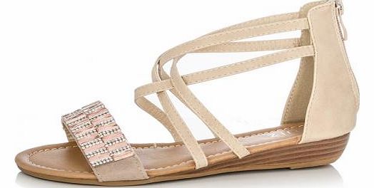 Beige Diamante Strap Sandals Give your beach outfit the glamour look, with these embellished sandals. Featuring diamante and jewel embellishment across the toe strap, these would look gorgeous paired with a beach maxi dress. - Multi ankle straps - He