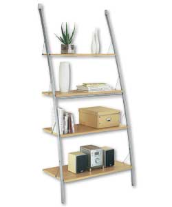 Beech effect. 4 shelves. Bottom shelf is adjustable to allow a flat screen TV to be fitted. Size