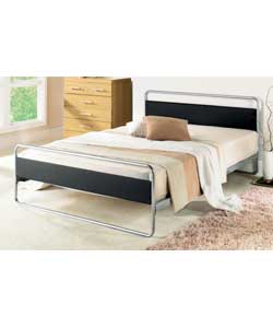 Double bedstead with faux leather panels on head/footboards. Metal and faux leather frame.Firm
