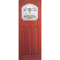 Stained hardwood external mortise/tenon door with leaded design glass, Avoid storing next to any