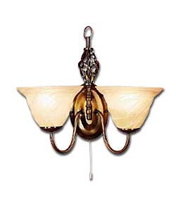 Antique brass-plated finish with a decorative twist and swirl marble glass shades.Pull-cord