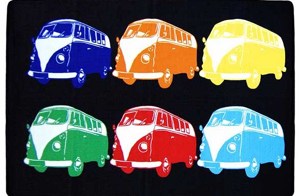 This fun and vibrant Camper Van rug is ideal for brightening up any living space. Perfect for your childs bedroom or playroom. 100% polyamide. Non-slip backing. Clean with a sponge and warm soapy water. Size L200. W300cm. Weight 7.56kg. (Barcode EAN=