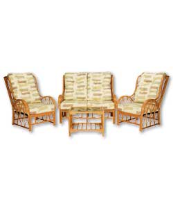 Rattan frame with solid foam seats. Comprises sofa