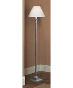 Satin silver finish with cloth shade.Height 155cm