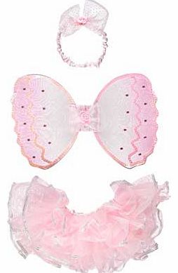 Whats more fun for your little one than dressing up? Dressing their favourite doll in a matching outfit. This pretty fairy set includes a pink layered skirt trimmed with silver ribbon. sequined pink wings and a pretty headband with bow trim. just lik