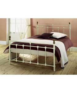 Ivory colour bedstead with antique brass colour finials.Metal frame.Deluxe mattress.Overall size