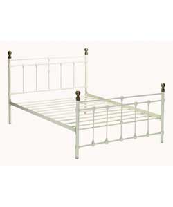 Ivory colour bedstead with antique brass colour finials.Metal frame.Overall size (H)113.5, (W)156,