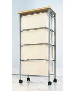 Chrome steel frame.MDF natural wooden colour board top.4 beige canvas drawers. Size (H)92, (W)42.5,