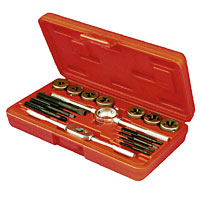 16 Piece Set. Includes die handle, tap wrench and M3, M4, M5, M6, M8, M10 and M12 carbon steel taps