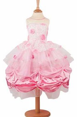 This stunning dress has a bodice of lace. scattered with pink roses and sparkly sequins. Layers of chiffon. net and satin cascade over the double hooped skirt and are topped with even more roses. Supplied with a limited edition certificate and an org
