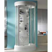This circular glass enclosure is light and spacious for enjoyment of 6 bodyjets and 2 showers,