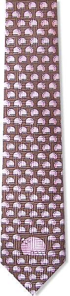 A cute silk pigs tie with a mother pig and piglets repeated on a brown maze background