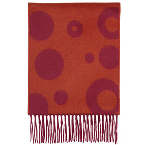Red cashmere scarf with pink circles.