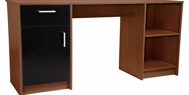 Wood and high gloss finish make the Caspian range ideal for the contemporary home office. This double pedestal desk in walnut effect and black gloss combines storage with elegance. Part of the Caspian collection Wood effect desk with metal handles. 1