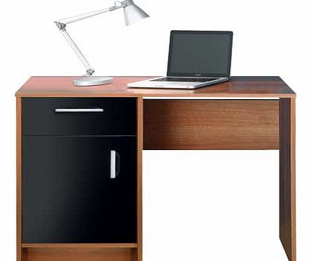 Finished in walnut-effect and black gloss. this Caspian single-pedestal desk is ideal for studies or bedrooms. Part of the Caspian collection Wood effect desk with metal handles. 1 drawer. 1 adjustable shelf. Metal runners. Maximum screen weight desk