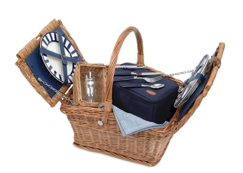 Attractive baker`s design picnic basket for two. Contents include: 2 Ceramic Plates;  2 Juice