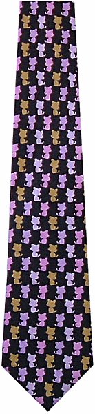 A great character cat tie with pink, purple and gold silhouettes of cats on a black background