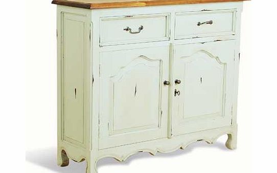 Give your home that unique French style furniture look with this narrow dining room sideboard. Finished with a pine top. antique style handles and curved feet. this sideboard is functional and beautiful. Part of the Catalan collection. Size H98. W106