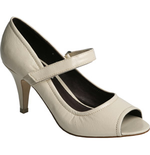 Caul, peep toe patent court shoe. Featuring a medium covered heel, velcro dolly strap and flexi sole