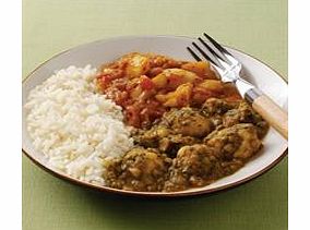 Cauliflower florets in a tasty mild spinach and coconut curry sauce. Served with Bombay potatoes and rice.