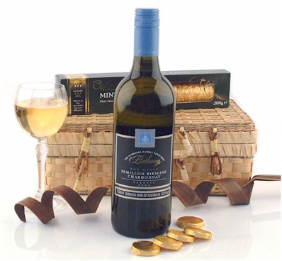 This wine and chocolates gift basket includes a soft buttery Chardonnay wine  with a smooth feel