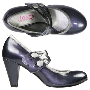 A Patent Mary-Jane style Court shoe from Jones Bootmaker. Features stylish strap across the uppers, 