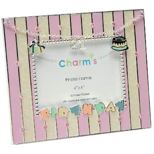 This Charms Style 21st Birthday Photo Frame includes a unique charm bracelet which hangs from each e