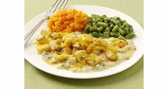 Herby diced potatoes in a vegetarian cheese sauce with leeks and onions, topped with vegetarian cheese. Served with mashed carrot and swede and green beans.