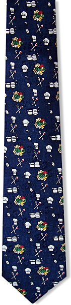 A lovely navy blue silk tie with chef hats, food and cooking utensils all over